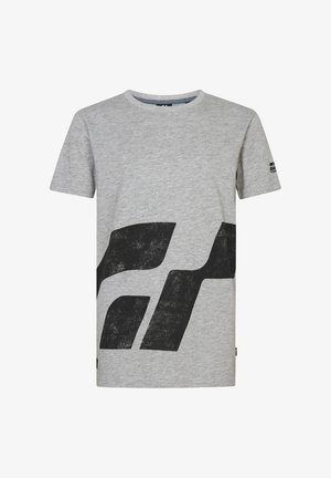 Grijze katoen t-shirt met een groot zwart grafisch ontwerp op de voorkant, korte mouwen en een klassieke ronde hals. Label op de linkermouw.
