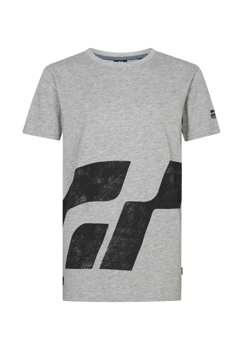 Camiseta de algodón gris con un gran diseño gráfico negro en la parte frontal, mangas cortas y un cuello redondo clásico. Etiqueta en la manga izquierda.