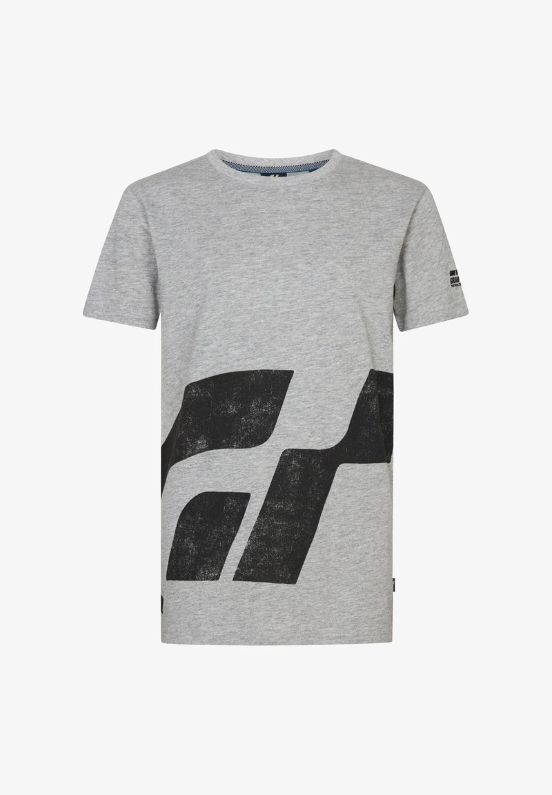 Camiseta de algodón gris con un gran diseño gráfico negro en la parte frontal, mangas cortas y un cuello redondo clásico. Etiqueta en la manga izquierda.