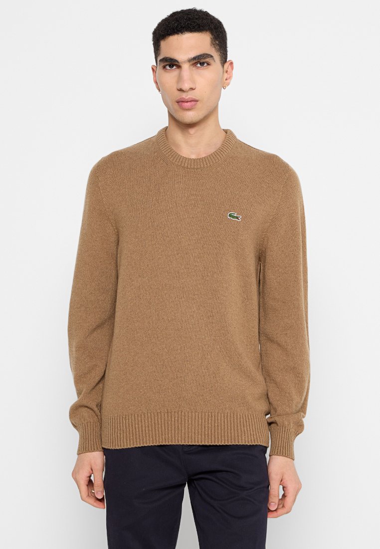Pull en tricot marron avec des poignets et un ourlet côtelés ; présente un petit logo brodé vert sur la poitrine. Encolure ronde simple.