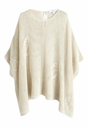 Beżowe ponczo z otwartym splotem, o okrągłym dekolcie, luźnym kroju i subtelnych haftowanych wzorach liści na przodzie i rękawach.