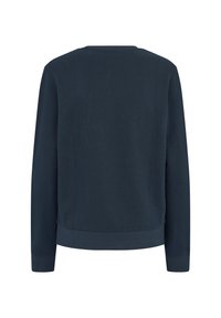 Sweat-shirt bleu marine foncé à manches longues avec poignets et bas côtelés, montré de dos sur fond blanc.