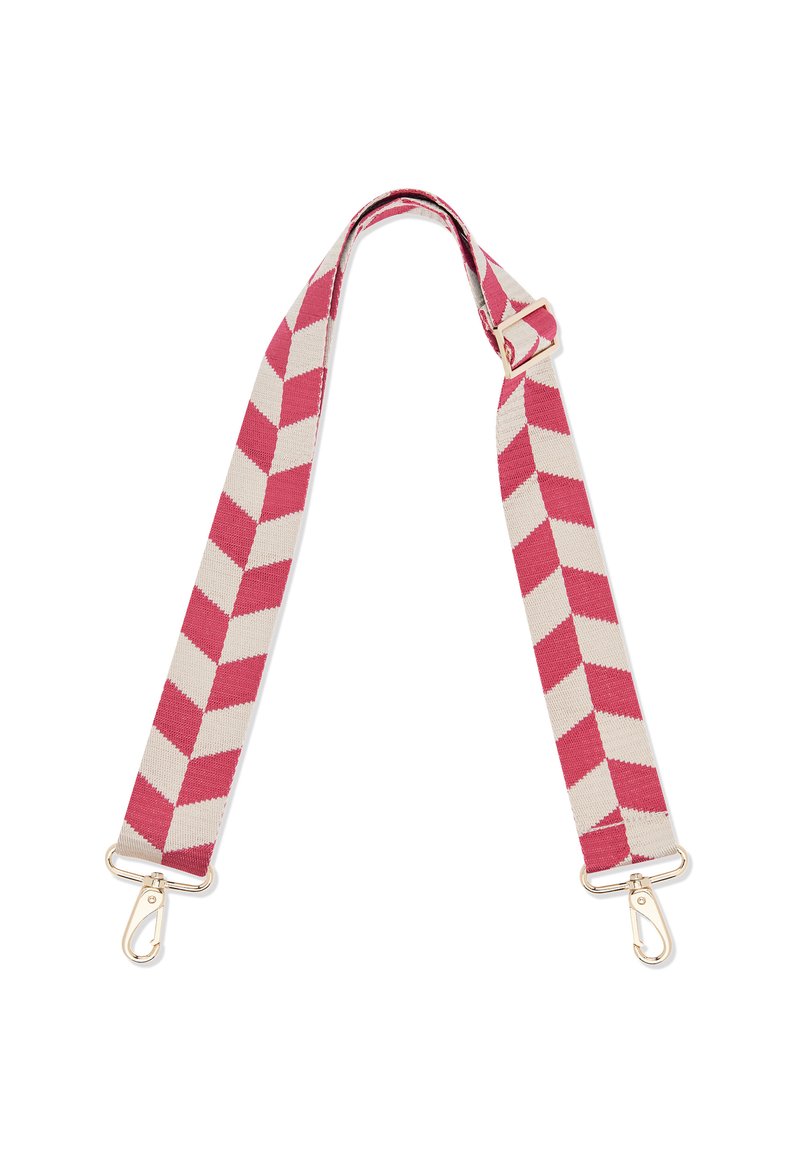 Vävd rem i röd och krämfärgad zigzag-mönster, med guldmetallklipp i båda ändar för fäste. Justerbar längd för mångsidighet.