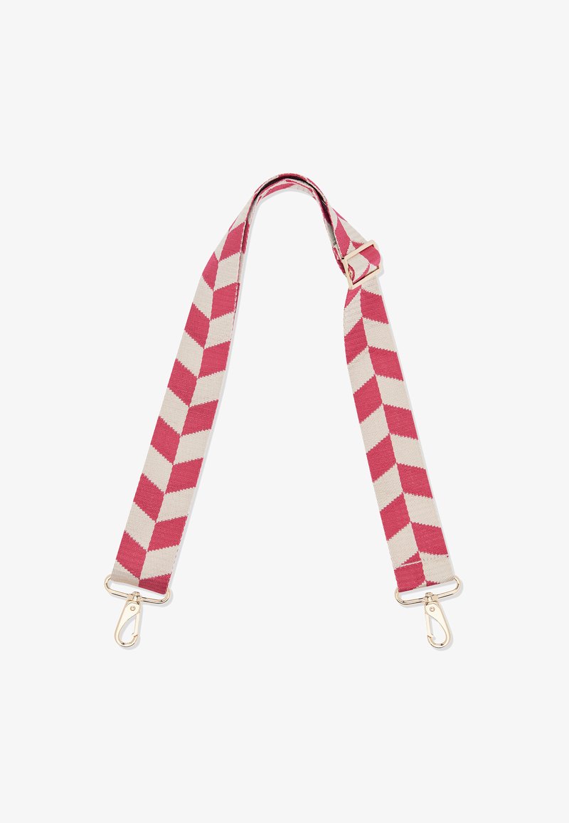 Punottu hihna punaisella ja kerma-valkoisella chevron-kuviolla, jossa on kultaiset metalliset klipsit kummassakin päässä kiinnittämistä varten. Säädettävä pituus monipuolisuutta varten.