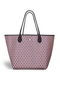 Grote tote bag met een geometrisch patroon in bordeauxrood en wit, met donkerbruine leren handvatten en accenten, en een ruime indeling.