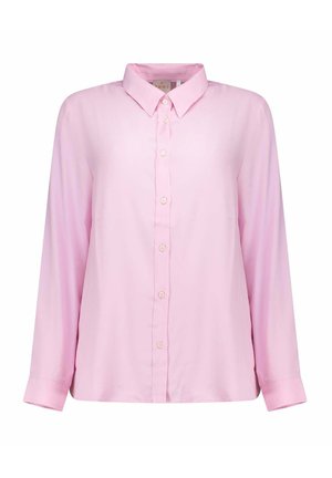 Lichtroze overhemd met lange mouwen, knopen, puntige kraag en knoopmanchetten, weergegeven op een witte achtergrond.