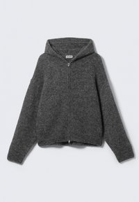 Sudadera con cremallera de punto en gris oscuro, de manga larga, con puños acanalados y una etiqueta que dice "WEEKDAY" en el interior del cuello.