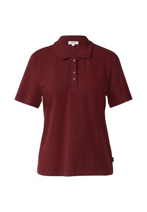 Bordeauxfarbenes Poloshirt mit kurzen Ärmeln, Kragen und Vier-Knopf-Leiste, s.Oliver Markenlogo am Halsausschnitt sichtbar.