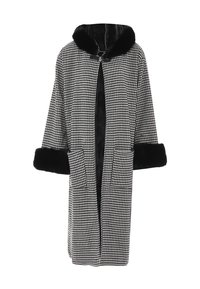 Cappotto a motivo scozzese con rifiniture in pelliccia nera e grandi tasche. Caratterizzato da un cappuccio e un design ampio e aperto davanti.