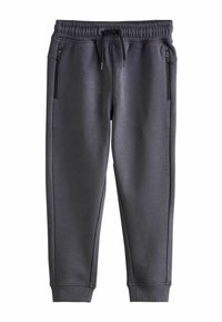 Dark gray jogger pants with an elastic waistband, drawstring, and two side zippered pockets. Smooth texture and tapered leg design.