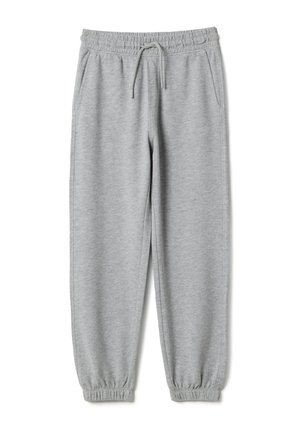 Pantalon de survêtement gris clair avec taille élastique, cordon de serrage, poches latérales et ourlets élastiques au niveau des chevilles.