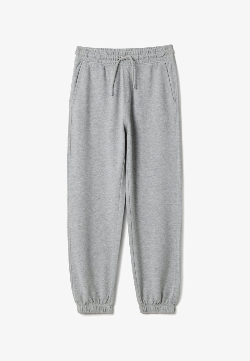 Hellgraue Jogginghose mit elastischem Bund, Kordelzug, Seitentaschen und elastischen Bündchen an den Knöcheln.