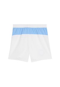 Pantalones cortos deportivos para hombre en blanco con una cintura de color azul claro. Cuentan con una cinturilla elástica y una tela suave y ligera para mayor comodidad.