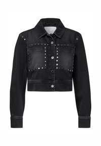 Mustat lyhyet farkkutakit, joissa on kaksi rintataskua, hopeiset niittidetaljit edessä ja nappisuljenta. Kappaleessa on klassinen kaulus ja pitkät hihat.