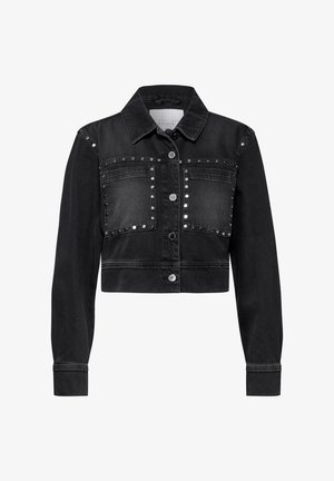 Schwarze, verkürzte Denimjacke mit zwei Brusttaschen, silbernen Nietenverzierungen an der Vorderseite und Knopfverschluss. Verfügt über einen klassischen Kragen und lange Ärmel.