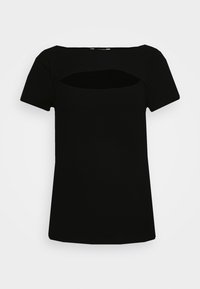 T-shirt preta com nervuras, decote quadrado e mangas curtas, apresentando um detalhe recortado abaixo do decote.