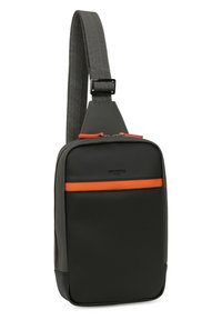 Borsa a tracolla in materiale texturizzato nero con dettagli arancioni. Dotata di tracolla regolabile, scomparto principale con zip e tasca anteriore.