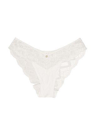 White lace thong featuring a geometric pattern, scalloped edges, and a small decorative button at the front. Smooth fabric underneath.