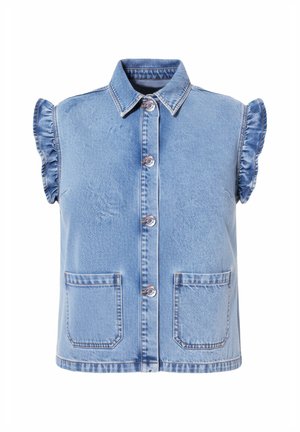 Spijkervest in lichtblauw met gerimpelde korte mouwen, een kraag, sluiting met knopen aan de voorkant en twee zakken aan de voorkant. Zachte textuur.