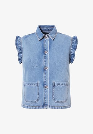 Spijkervest in lichtblauw met gerimpelde korte mouwen, een kraag, sluiting met knopen aan de voorkant en twee zakken aan de voorkant. Zachte textuur.