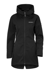 Černá softshellová bunda s předním zipem, nastavitelnou kapucí a bočními kapsami. Má elegantní design a hladkou texturu, vhodná pro venkovní nošení.