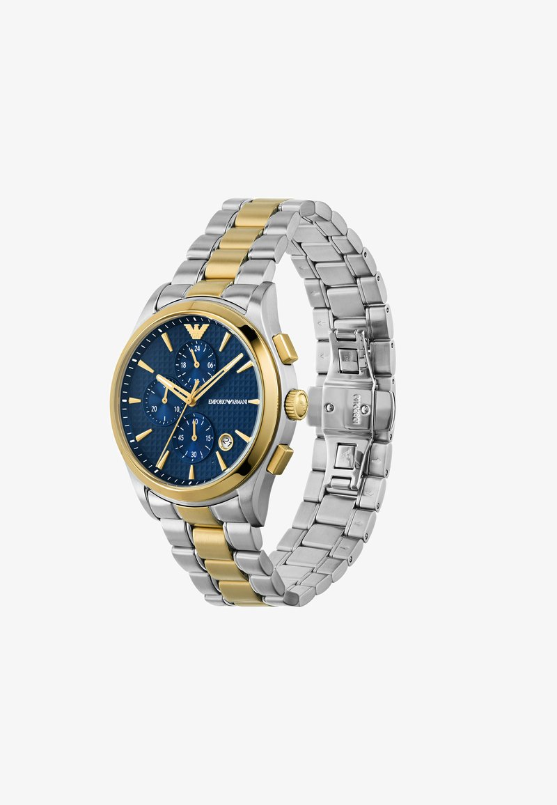 Silberne und goldfarbene Edelstahl-Uhr mit Zifferblatt in blauem Muster, drei Unterzifferblättern, goldenen Zeigern und einem sichernden Verschluss.