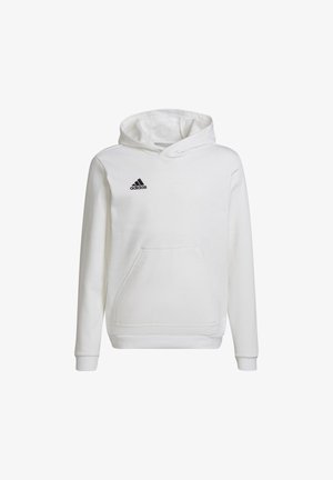 Biała bluza z kapturem, ściągaczem, z przednią kieszenią kangurką, ściągaczami na rękawach oraz czarnym logo Adidas na górnej lewej części klatki piersiowej. Miękka tkanina.