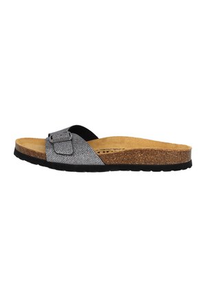 Black and silver slide sandal with a textured upper, cork footbed, and a contrasting black outsole. Adjustable strap with metallic buckle detail.