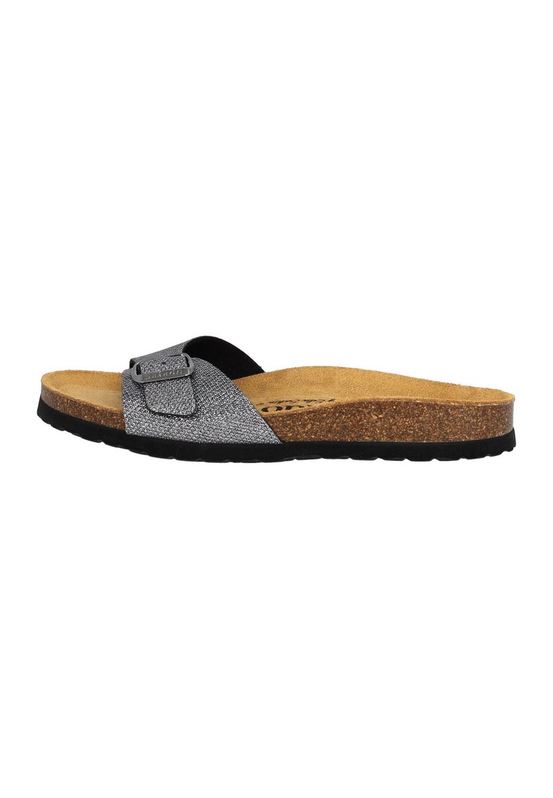 Black and silver slide sandal with a textured upper, cork footbed, and a contrasting black outsole. Adjustable strap with metallic buckle detail.