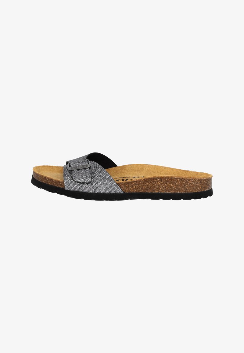 Black and silver slide sandal with a textured upper, cork footbed, and a contrasting black outsole. Adjustable strap with metallic buckle detail.