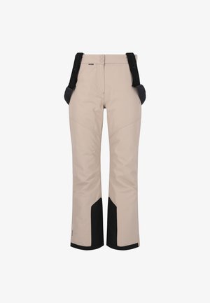 Pantalons de neige beige avec des accents noirs, fabriqués en matériau imperméable. Caractéristiques : bretelles ajustables et coupe droite.