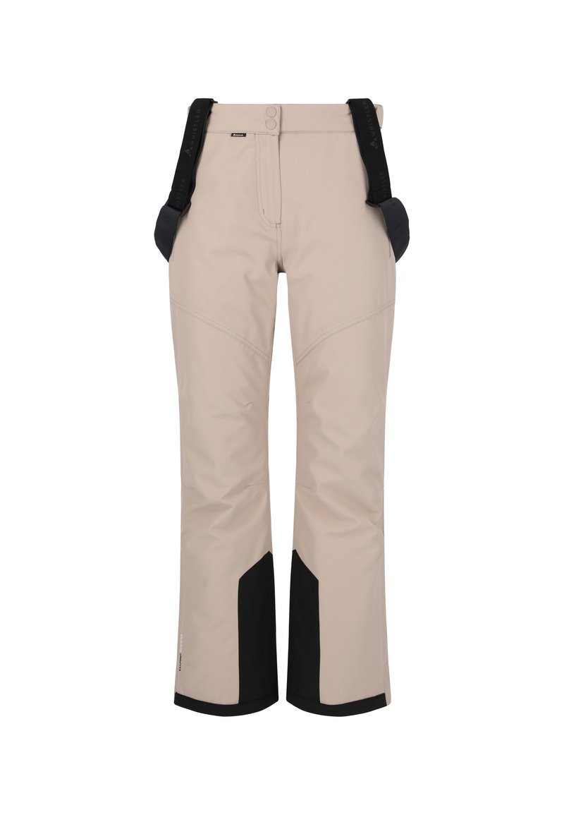 Beige sneaksere med sorte detaljer, lavet af vandtæt materiale. Har justerbare seler og en lige ben-design.