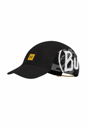 Black sports cap with a curved visor, yellow Buff logo on front, and large gray Buff text on the side panel.
