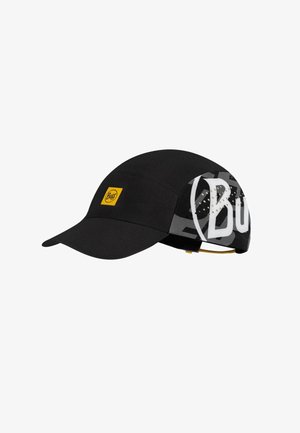 Schwarze Sportkappe mit gebogenem Schirm, gelbem Buff-Logo vorne und großem grauem Buff-Schriftzug auf dem Seitenpanel.