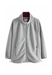 Chaqueta de forro polar gris con un collar alto, cremallera frontal y dos bolsillos laterales. El interior cuenta con un forro burdeos. Tela texturizada, corte relajado.