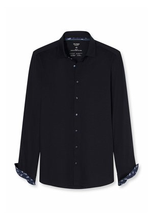 Schwarzes langärmeliges Hemd mit Knöpfen, dunkelblaue florale Innenseiten an den Manschetten und Kragenfutter, Etikett Größe 40 innen am Kragen.