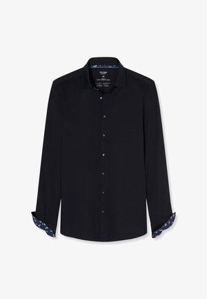 Schwarzes langärmeliges Hemd mit Knöpfen, dunkelblaue florale Innenseiten an den Manschetten und Kragenfutter, Etikett Größe 40 innen am Kragen.