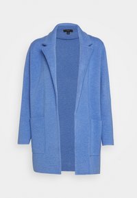 Ljusblå kofta i texturerad tyg, med sjalkrage, öppen front och två framfickor. Långa ärmar och avslappnad passform.