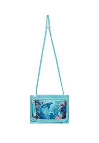 Borsa a tracolla turchese con stampa di delfini, tasca con zip e tracolla intrecciata. Realizzata in materiale resistente con una finitura strutturata.
