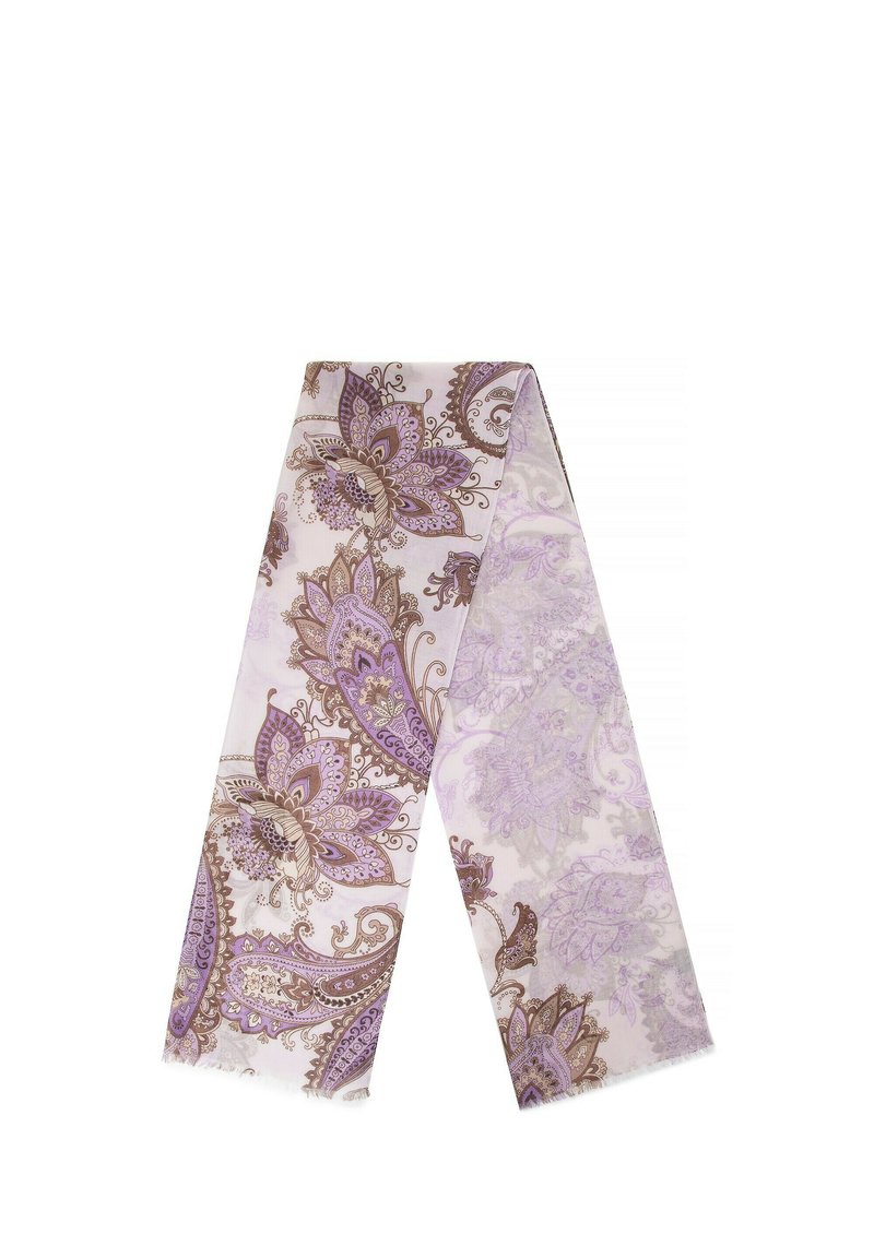 Foulard in seta con un motivo paisley in lavanda e marrone, con delicati frange lungo i bordi e una trama liscia e leggera.
