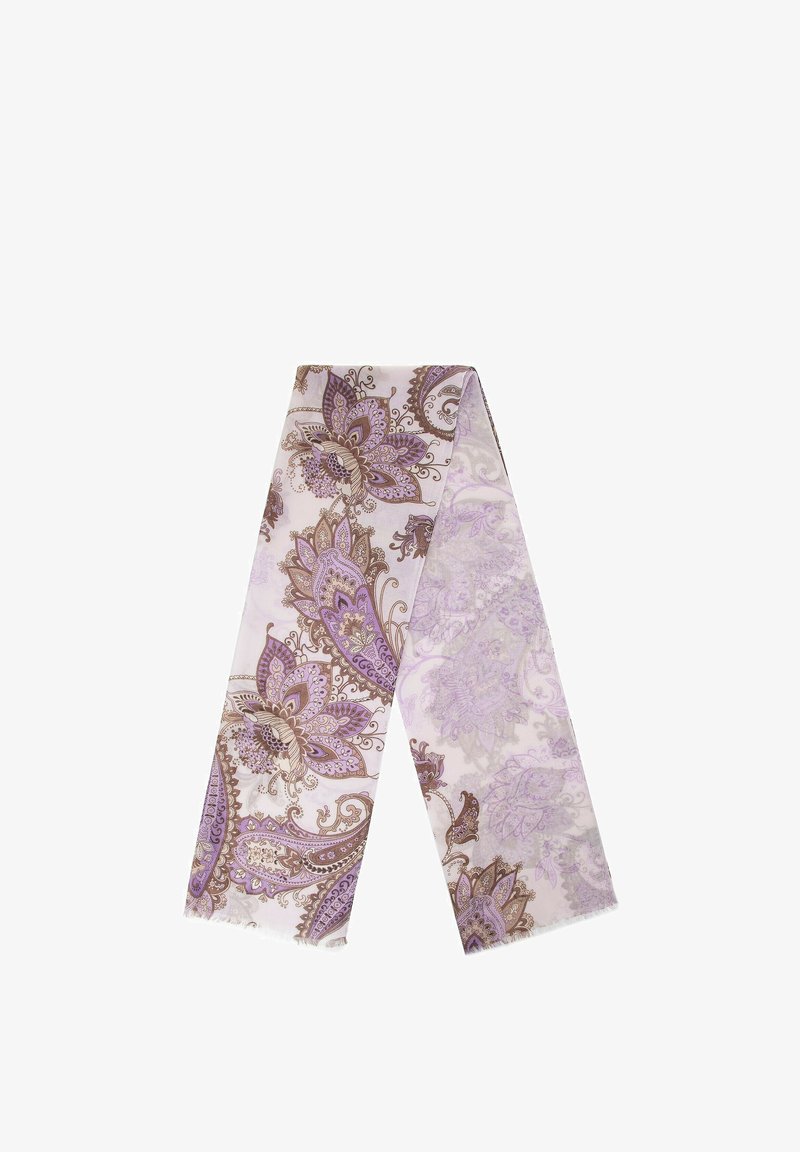 Écharpe en soie avec un motif paisley en lavande et marron, ornée de franges délicates sur les bords et d'une texture lisse et légère.