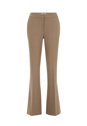 Bézs színű, bővülő szabású nadrág sima textúrával, karcsúsított derékkal és tiszta eleje varrással. Vagyont nem használó, szabott anyagból készült.