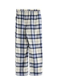 Rutig pyjamabyxor i krämvit, marinblå och ljusblå. Mjuk tyg, elastisk midja, vida ben, med ett klassiskt rutig mönster.