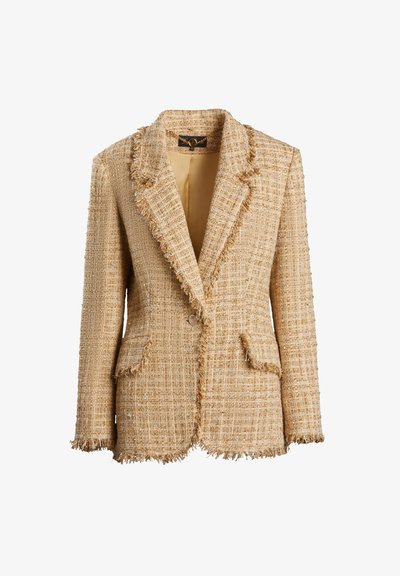 Smėlio spalvos tweed švarkas su suplėšytais kraštais, dviem priekinėmis kišenėmis, įpjovomis atlapai ir vieno mygtuko užsegimu. Su pamušalu viduje.