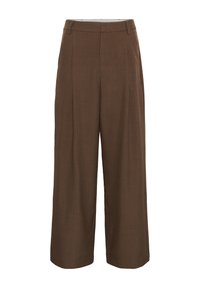 Pantaloni marroni a gamba larga e alta vita, con passanti per cintura e dettagli delle cuciture frontali, progettati per una vestibilità rilassata ed elegante.