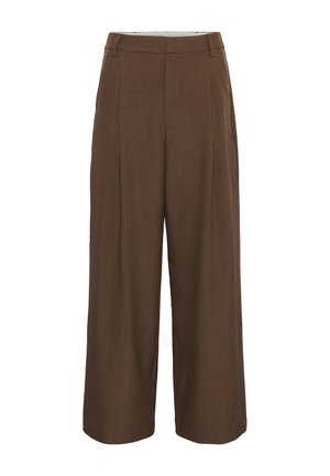 Pantaloni marroni a gamba larga e alta vita, con passanti per cintura e dettagli delle cuciture frontali, progettati per una vestibilità rilassata ed elegante.