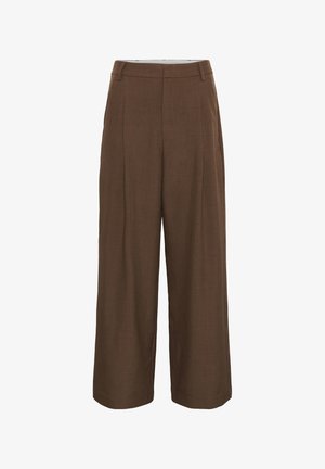 High-waist wide-leg brown trousers with belt loops and front seam details, designed for a relaxed, elegant fit.