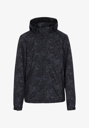 Fekete dzseki levélmintával, cipzáras elől, állítható kapucnival és rugalmas mandzsettákkal. Könnyű, vízálló anyagból készült.