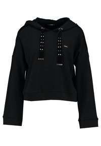 Sudadera negra recortada con mangas largas, capucha con cordón y tachuelas decorativas en los cordones. Tejido suave con un ajuste relajado.