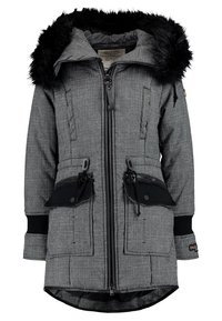 Grå rutig parka med fuskpäls på huvan. Har dragkedja och tryckknappar, sidofickor och elastiska ärmslut. Mjuk, quiltad textur.